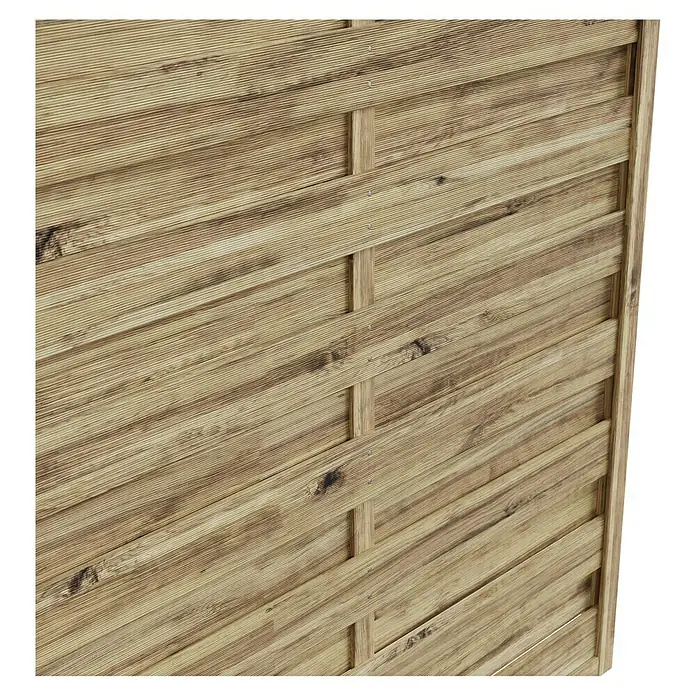 T & J Sichtschutzelement Olymp - B x H: 180 x 180 cm, Mit Ornament-Gitter, Braun - Nahaufnahme einer Holzwand mit horizontalen Brettern und vertikalen Verstrebungen, die eine natürliche und rustikale Textur zeigt.