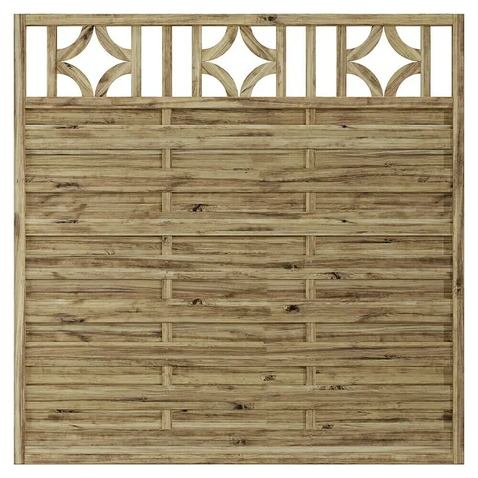 T & J Sichtschutzelement Olymp - B x H: 180 x 180 cm, Mit Ornament-Gitter, Braun - Holzzaun mit dekorativem Oberteil und horizontalen Brettern. Das Produkt ist aus hochwertigem Holz gefertigt.
