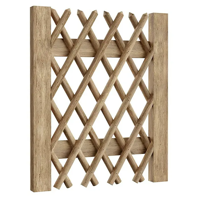 T & J Jägerzaun-Gartentor - 100 x 120 cm, Ohne Beschläge, Holz, Braun - Nahaufnahme eines hölzernen Gartenzauns mit Rautenmuster und zwei vertikalen Pfosten.
