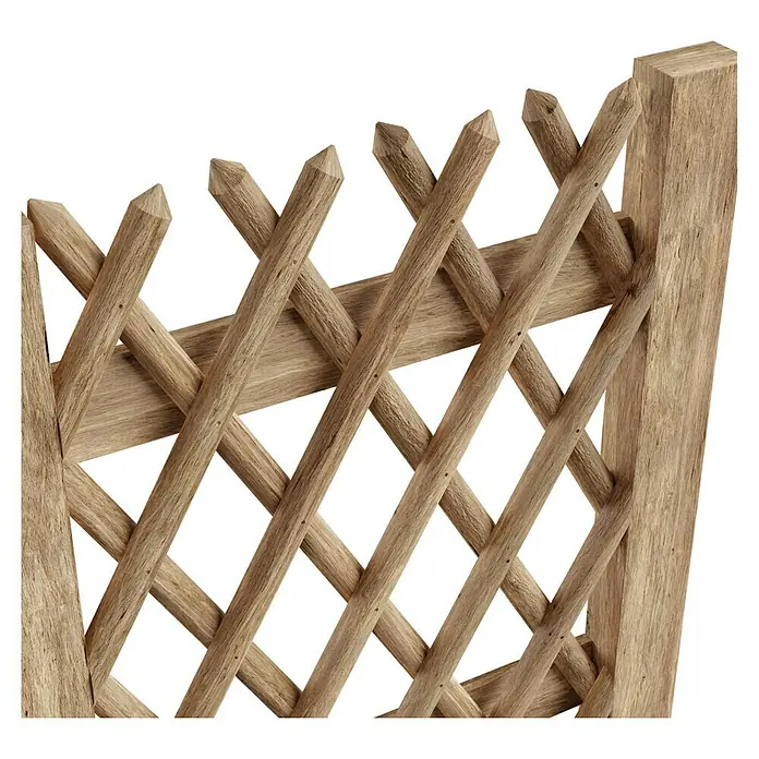 T & J Jägerzaun-Gartentor - 100 x 120 cm, Ohne Beschläge, Holz, Braun - Detailaufnahme eines Holzzauns mit rautenförmigem Muster und spitz zulaufenden Enden vor schwarzem Hintergrund.