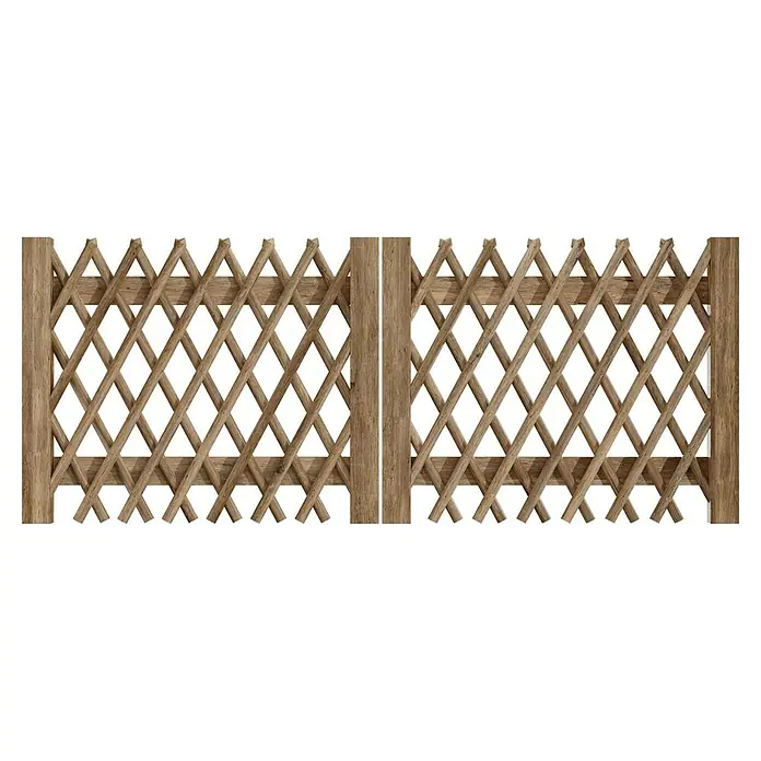 T & J Jägerzaun-Gartentor Doppel - 300 x 120 cm, Ohne Beschläge, Holz, Braun - Holzgartenzaun mit diagonalem Gittermuster, ideal als dekorativer Sichtschutz oder Beetbegrenzung im Garten.