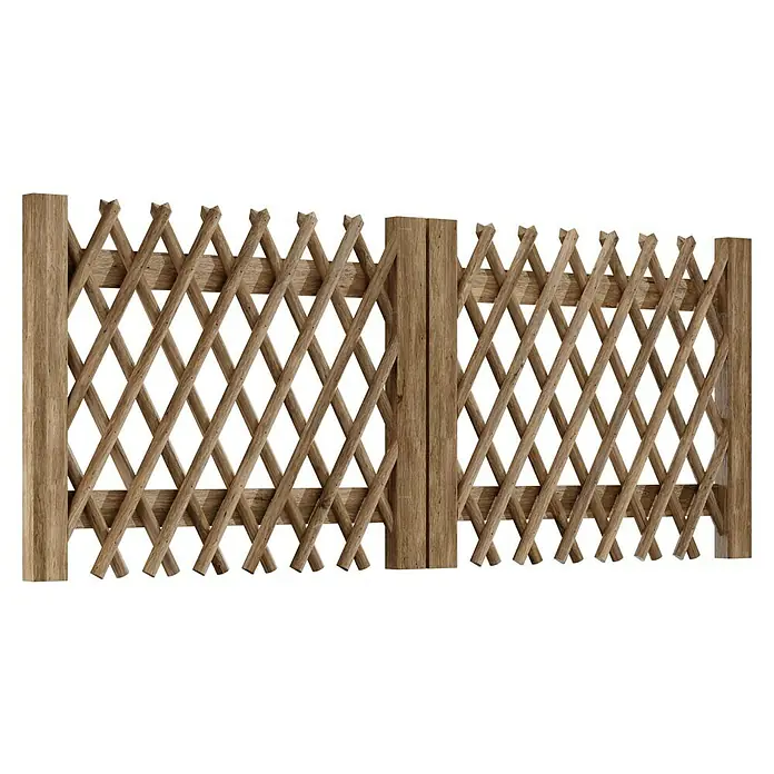 T & J Jägerzaun-Gartentor Doppel - 300 x 120 cm, Ohne Beschläge, Holz, Braun - Holzgartenzaun mit diagonaler Gitterstruktur und stabilen Pfosten für eine natürliche und stilvolle Gartengestaltung.