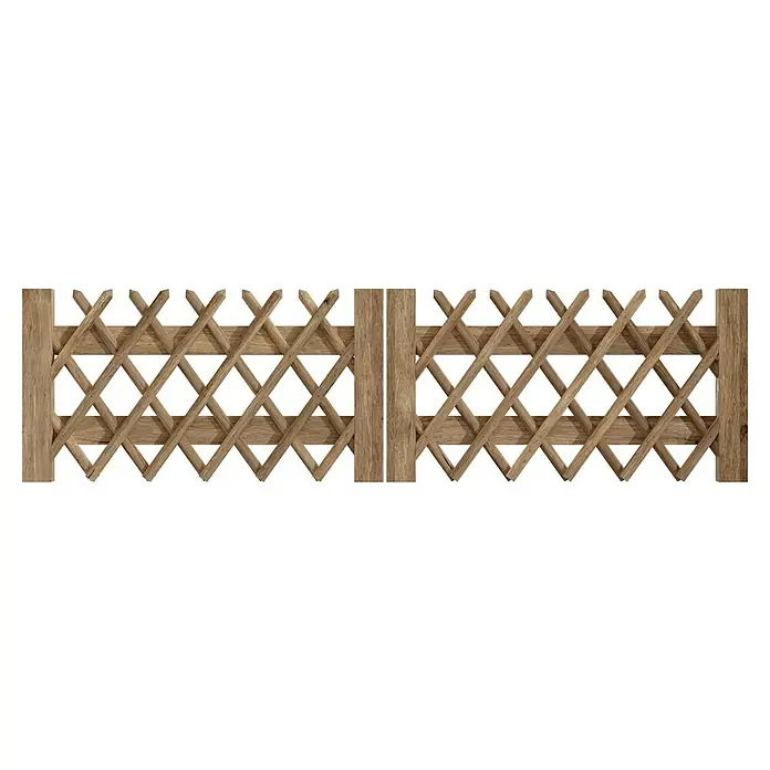 T & J Jägerzaun-Gartentor Doppel - 300 x 80 cm, Ohne Beschläge, Holz, Braun - Nahaufnahme eines Holzzauns mit Rautenmuster, ideal für Garten oder Terrasse, robust und stilvoll.