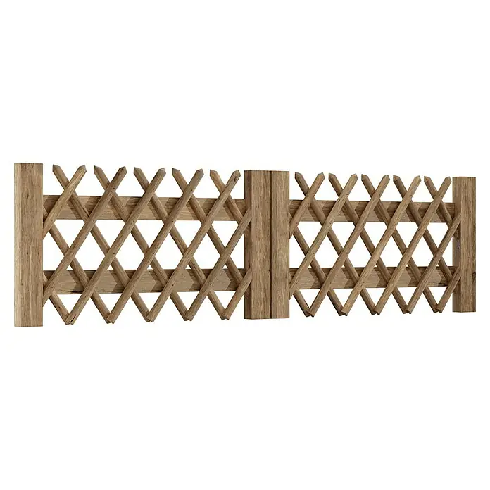 T & J Jägerzaun-Gartentor Doppel - 300 x 80 cm, Ohne Beschläge, Holz, Braun - Ein Holzzaun mit einem sich kreuzenden Lattenmuster, der eine rustikale und natürliche Ästhetik für den Garten oder Außenbereich bietet.