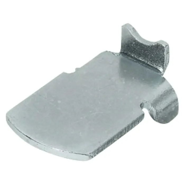 Stabilit Soporte para estantes - L x An x Al: 28 x 16 x 6 mm, Metal - Primer plano de una pieza metálica con un borde curvo y una lengüeta rectangular que descansa sobre una superficie plana.