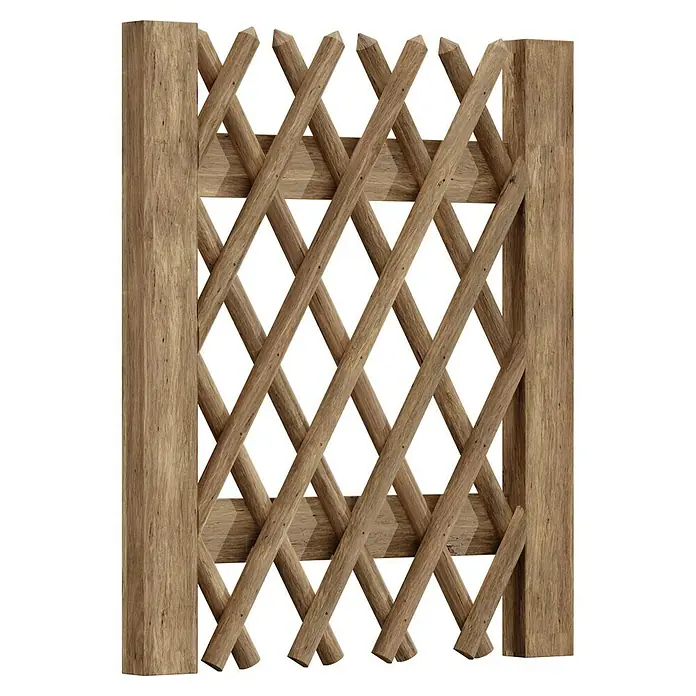 T & J Jägerzaun-Gartentor - 100 x 120 cm, Ohne Beschläge, Holz, Braun - Detailansicht eines hölzernen Gartenzauns mit Rautenmuster, ideal als dekoratives Element für den Außenbereich.