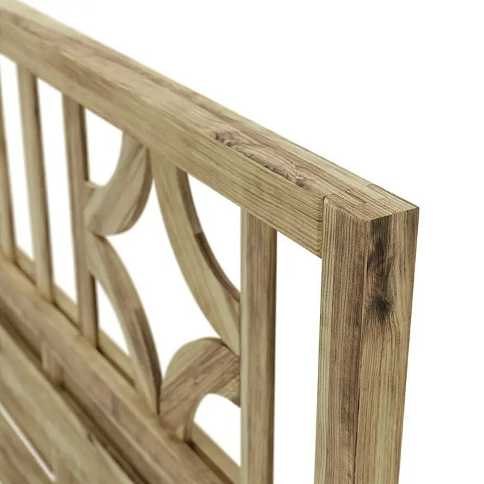 T & J Sichtschutzelement OlympB x H: 180 x 180 cm, Mit Ornament-Gitter, Braun - Nahaufnahme eines eleganten Holzbank-Rückens mit filigranen Details und einer natürlichen Holzmaserung.