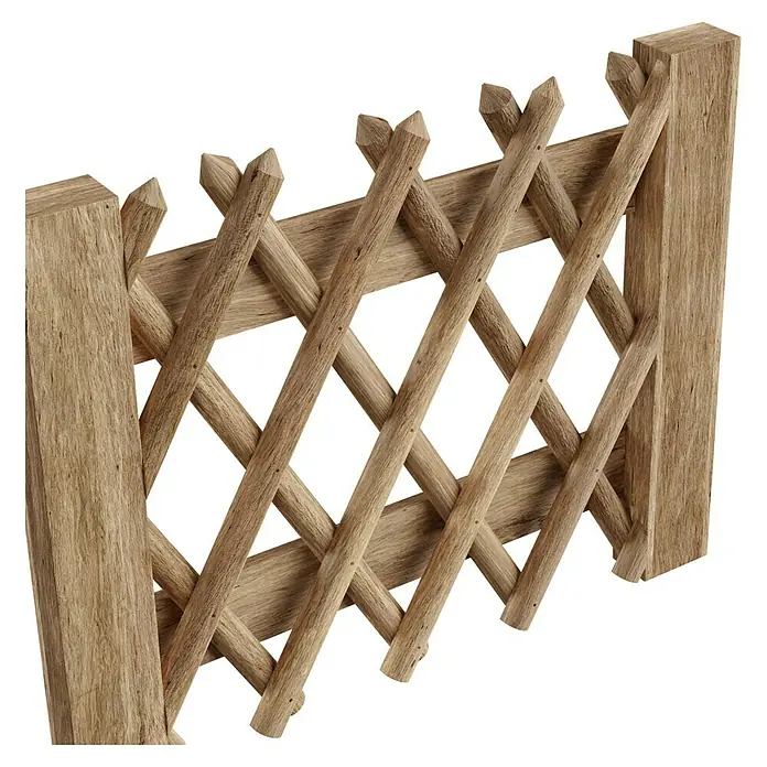 T & J Jägerzaun-Gartentor - 100 x 80 cm, Ohne Beschläge, Holz, Braun - Detailaufnahme eines Holzzauns mit Rautenmuster. Der Zaun ist aus hellem Holz gefertigt und hat eine rustikale Optik, perfekt für den Garten.