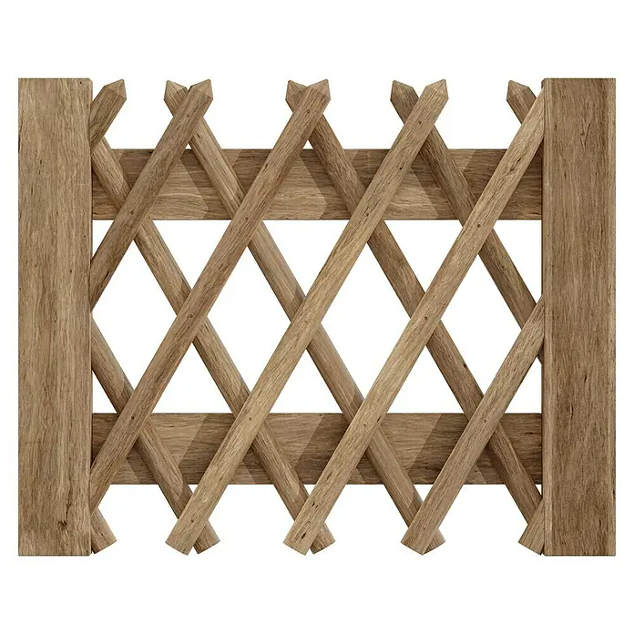 T & J Jägerzaun-Gartentor - 100 x 80 cm, Ohne Beschläge, Holz, Braun - Holzzaun mit einem diagonalen Lattenmuster. Der Zaun ist aus hellem Holz gefertigt und hat einen rustikalen Charme.