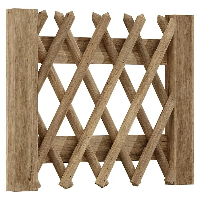T & J Jägerzaun-Gartentor - 100 x 80 cm, Ohne Beschläge, Holz, Braun - Ein rustikaler Holzzaun mit diagonalen Latten und stabilen Pfosten, ideal für Garten oder Terrasse. Er bietet Schutz und eine natürliche Optik.