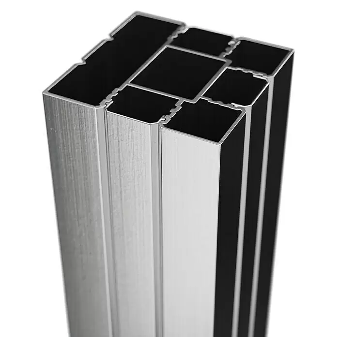 T & J Zaunpfosten-Set Ecosteck - 6,8 x 6,8 x 180 cm, Silber, Aluminium - Mehrere ineinandergreifende silberne Aluminiumprofile mit Mehrkammerdesign und gebürsteter Oberfläche.