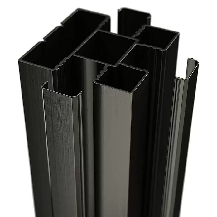 T & J Zaunpfosten-Set Ecosteck - 6,8 x 6,8 x 180 cm, Anthrazit, Aluminium - Dunkle Metallprofile mit verschiedenen Querschnitten, geeignet für industrielle Anwendungen.