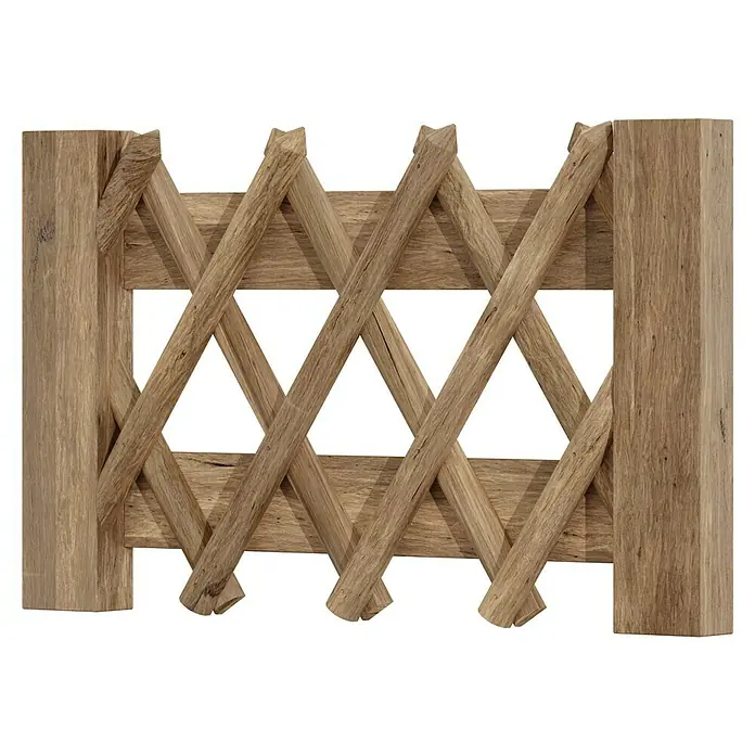 T & J Jägerzaun-Gartentor - 100 x 60 cm, Ohne Beschläge, Holz, Braun - Das Bild zeigt einen rustikalen Holzzaun mit einem markanten, gekreuzten Lattenmuster, das eine warme und natürliche Ästhetik vermittelt.