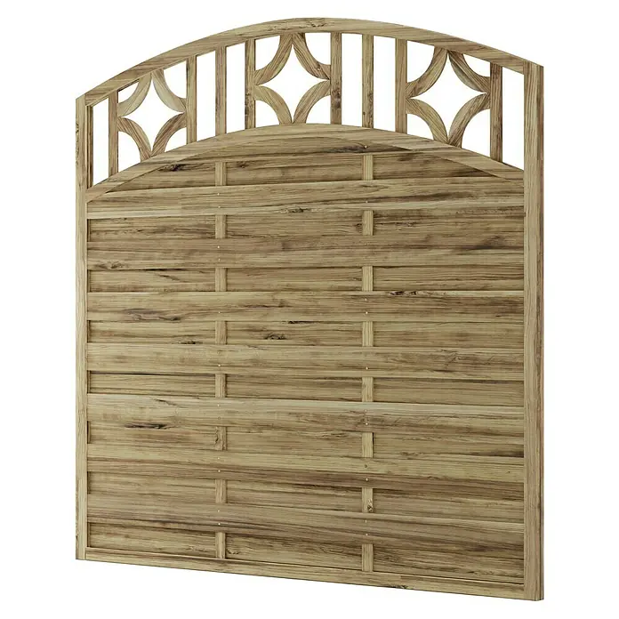 T & J Sichtschutzelement Olymp Bogen - B x H: 180 x 180 cm, Mit Doppelbogen, Braun - Ein rustikales Gartentor aus Holz mit einem eleganten, bogenförmigen Design und dekorativen Ausschnitten, die ihm einen charmanten Akzent verleihen.