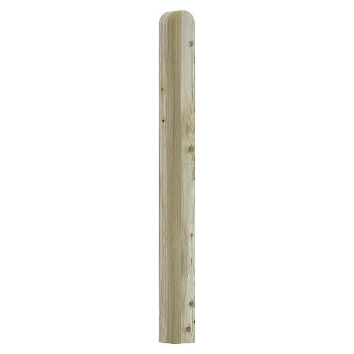 T & J Pfosten - 9 x 9 x 110 cm, Grün - Nahaufnahme einer einzelnen, hellen, gehobelten Holzstütze mit sichtbarer Maserung und Astlöchern, ideal für den Außenbereich.