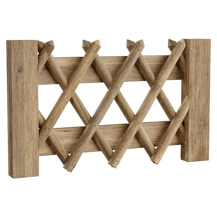 T & J Jägerzaun-Gartentor - 100 x 60 cm, Ohne Beschläge, Holz, Braun - Nahaufnahme eines rustikalen Holzzauns mit Kreuzmuster und stabilen Pfosten, ideal für Garten- oder Landschaftsgestaltung.