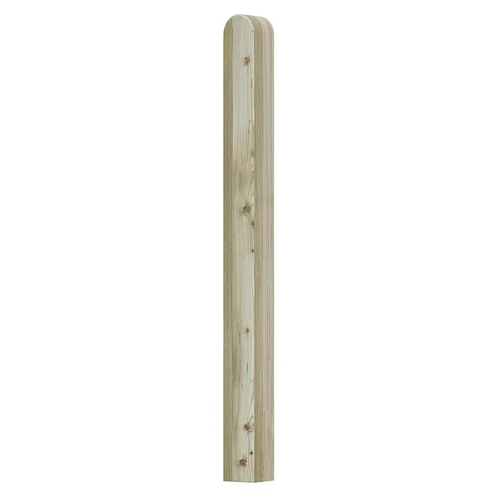 T & J Pfosten - 9 x 9 x 110 cm, Grün - Nahaufnahme eines glatten, hellen Zaunpfostens aus Holz mit abgerundeten Kanten und gut sichtbarer Maserung. Ideal für rustikale Gartengestaltungen.