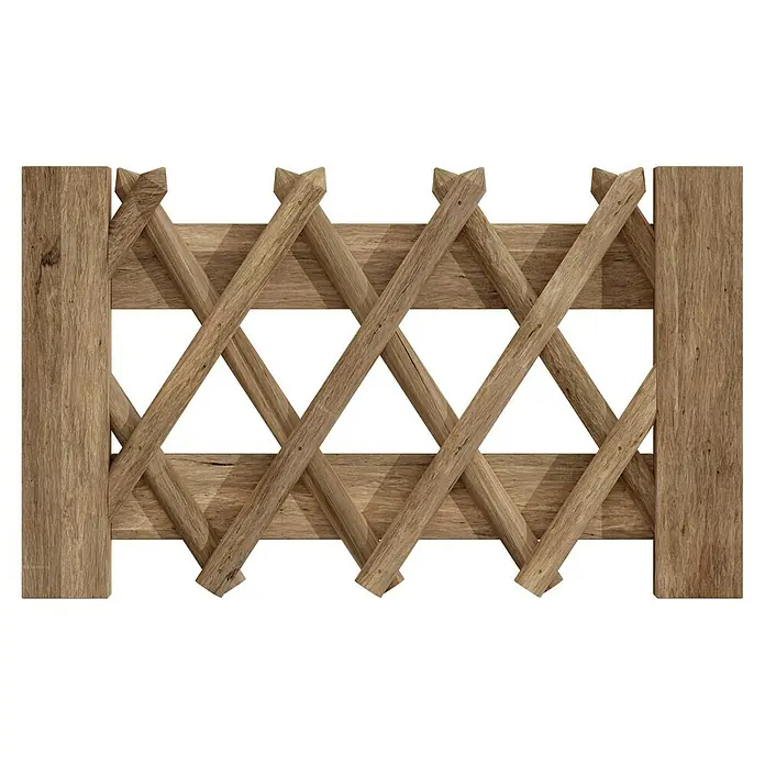 T & J Jägerzaun-Gartentor - 100 x 60 cm, Ohne Beschläge, Holz, Braun - Nahaufnahme eines dekorativen Holzzauns mit kreuzweisem Design und vertikalen Pfosten. Ein rustikales und natürliches Element für den Garten.
