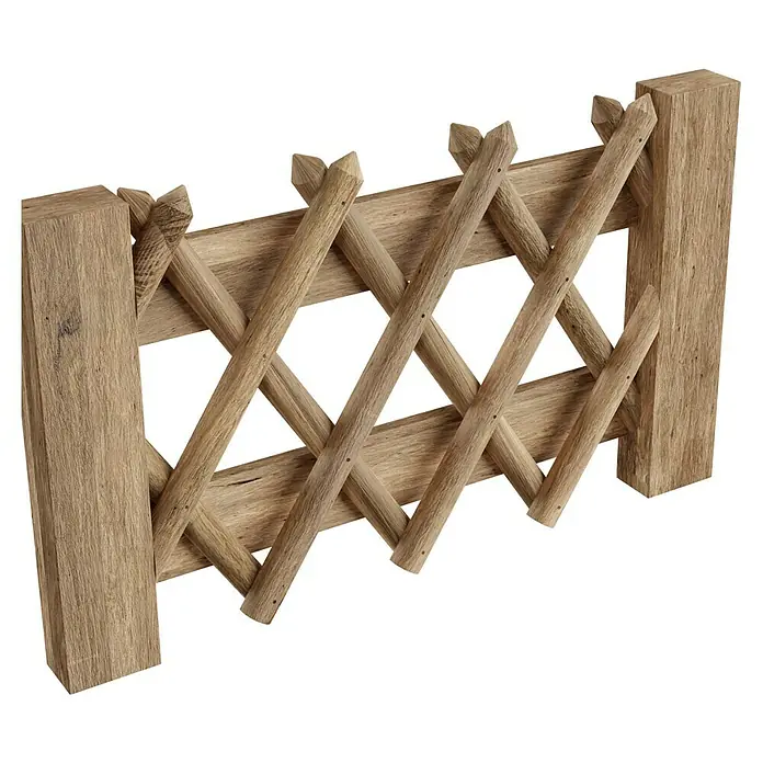 T & J Jägerzaun-Gartentor - 100 x 60 cm, Ohne Beschläge, Holz, Braun - Nahaufnahme eines dekorativen Holzzauns mit Kreuzmuster und rustikalem Charme, ideal für Garten- oder Terrassengestaltung.