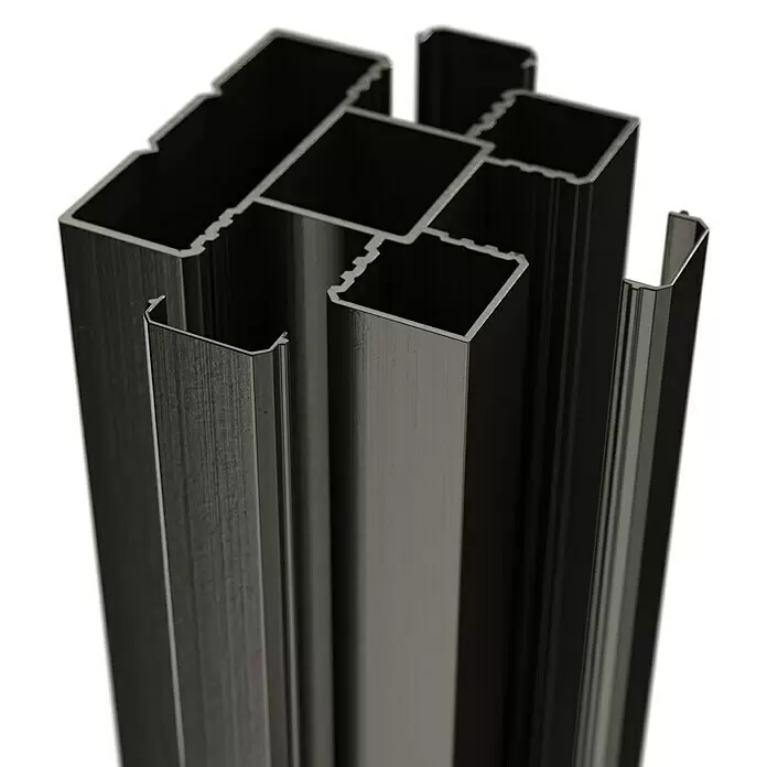 T & J Zaunpfosten-Set Ecosteck - 6,8 x 6,8 x 240 cm, Anthrazit, Aluminium - Gestapelte dunkelgraue Aluminiumprofile mit verschiedenen Querschnitten, gebürstete Textur.