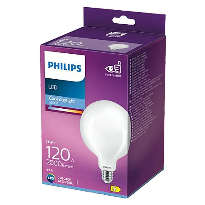 Philips Bombilla LED Classic CDL - E27, No regulable, Blanco diurno, 2.000 lm, 120 W - Primer plano de una bombilla LED Philips de 120 vatios y luz diurna fría en el embalaje.