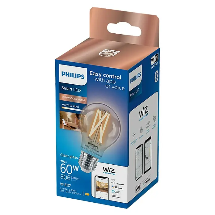 Philips Wiz Smart-LED-Lampe - E27, Dimmbar, Mehrfarbig, 806 lm, 6,7 W, Farbe: Durchsichtig - Eine Philips Smart LED-Glühbirne mit WiZ-Konnektivität in der Verpackung. Sie bietet warmes bis kühles Licht und ist einfach per App oder Sprache steuerbar.
