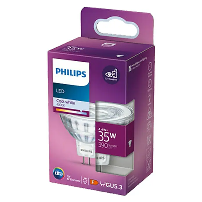 Philips Bombilla LED Classic CW - GU5,3, No regulable, Blanco frío, 390 lm, 35 W - Primer plano del embalaje de una bombilla LED Philips, 4.4W, equivalente a 35W, 390 lúmenes, con luz blanca fría (4000K).