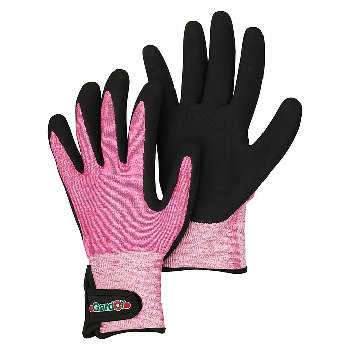 Gardol Gartenhandschuhe Pflanzen - 9, Pink - Paar Gartenhandschuhe mit rosafarbenem Handrücken und schwarzer Handfläche mit Manschette, isoliert auf Weiß.