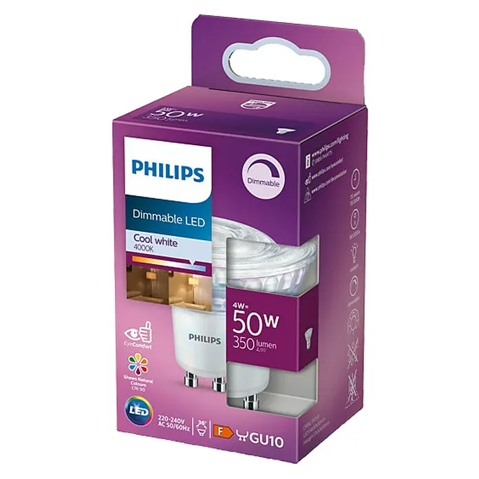 Philips Bombilla LED Classic CW - GU10, Intensidad regulable, Blanco frío, 350 lm, 50 W - Primer plano del embalaje de una bombilla LED regulable de Philips, equivalente a 50 W, que produce luz blanca fría.