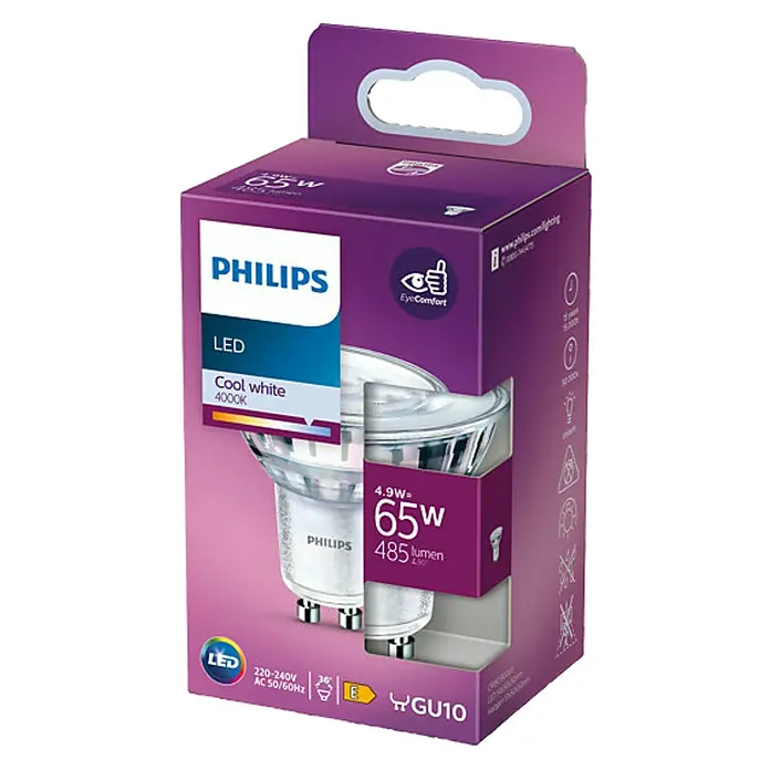 Philips Bombilla LED Classic CW - GU10, No regulable, Blanco frío, 485 lm - Primer plano de una bombilla LED Philips de 65W, Cool White 4000K, en su embalaje púrpura, que promete eficiencia energética y confort visual.