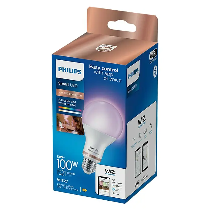 Philips Wiz Bombilla LED Regulable Colores - E27, Intensidad regulable, RGBW, 1.521 lm, 13 W - Primer plano del embalaje de una bombilla Philips Smart LED con WiZ Connected.