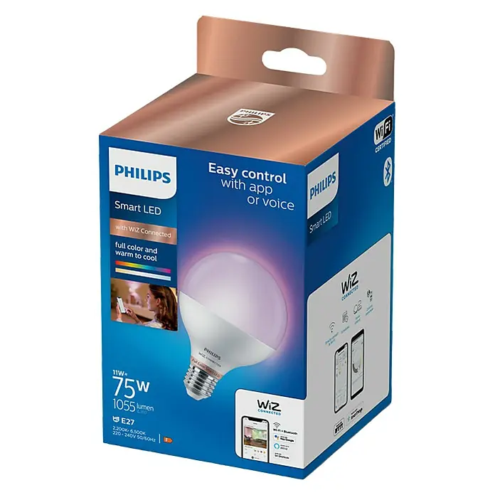 Philips Wiz Smart-LED-Lampe - E27, Dimmbar, RGBW, 1.055 lm, 11 W - Das Bild zeigt die Verpackung einer smarten Philips LED-Lampe mit WiZ-Funktion. Die Lampe bietet volle Farbkontrolle und ist warmweiß bis kühlweiß einstellbar.