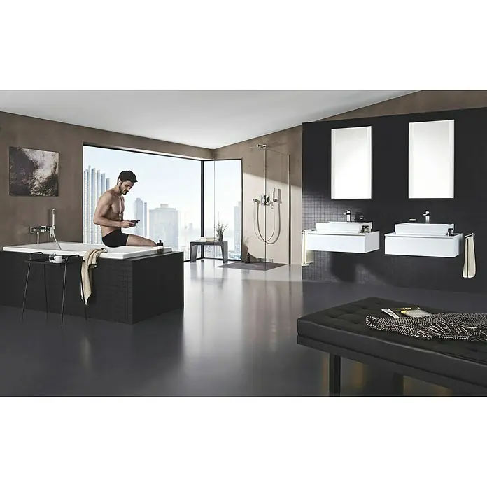 Grohe Eurocube Waschtischarmatur M-Size - Mit Zugstange, Chrom, Glänzend - Elegantes Badezimmer-Interieur mit Badewanne, Doppelwaschtisch und moderner Dusche für ein luxuriöses Ambiente.