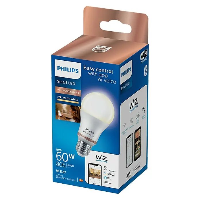 Philips Wiz Bombilla LED regulable Wifi Y Bluetooth - E27, Intensidad regulable, Blanco cálido, 806 lm, 8,5 W - Una bombilla Philips Smart LED con conectividad WiZ en su embalaje. Da luz blanca cálida y 8W equivalen a 60W.