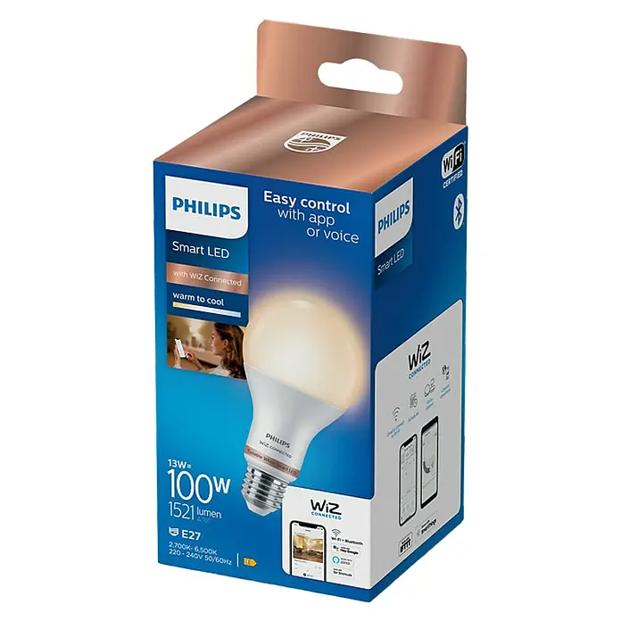 Philips Wiz Bombilla LED Regulable A67 - E27, Intensidad regulable, Blanco cálido, 1.521 lm, 13 W - Paquete de bombilla Philips Smart LED, con conexión WiZ para un control fácil mediante app o voz.