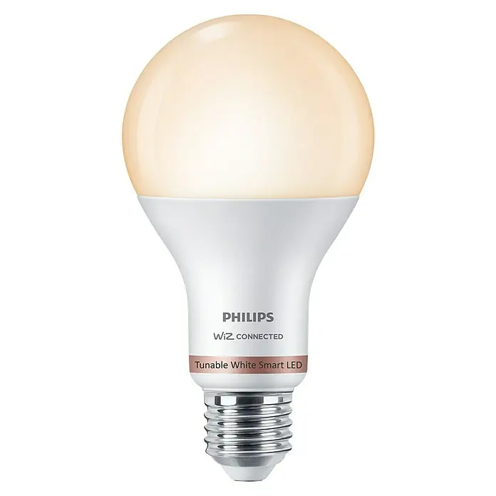 Philips Wiz Bombilla LED Regulable A67 - E27, Intensidad regulable, Blanco cálido, 1.521 lm, 13 W - Primer plano de una bombilla LED inteligente Philips WiZ Connected Tunable White con base E27 y cuerpo de luz mate sobre un fondo negro.