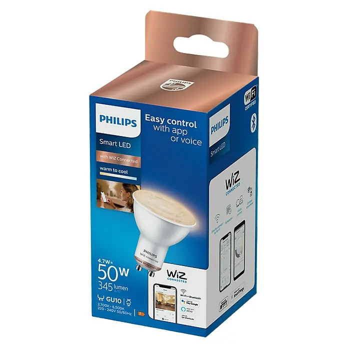 Philips Wiz Bombilla LED Regulable GU10 - GU10, Intensidad regulable, Blanco neutro, 345 lm, 4,8 W - Primer plano del embalaje de una bombilla Philips Smart LED con conectividad WiZ, que permite un control fácil mediante la app o la voz.