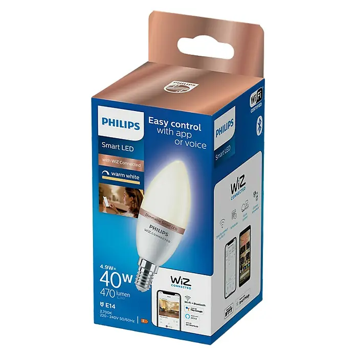 Philips Wiz Bombilla LED Regulable Vela - E14, Intensidad regulable, Blanco cálido, 470 lm, 4,9 W - Bombilla LED inteligente Philips con WiZ, regulable y blanco cálido, en su empaque. Ideal para iluminación inteligente en el hogar.