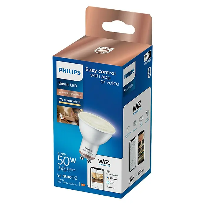 Philips Wiz Bombilla LED Regulable GU10 - GU10, No regulable, Blanco cálido, 345 lm, 4,8 W - Bombilla LED inteligente Philips con conectividad WiZ para un fácil control por app o voz, luz blanca cálida y 50W de potencia.
