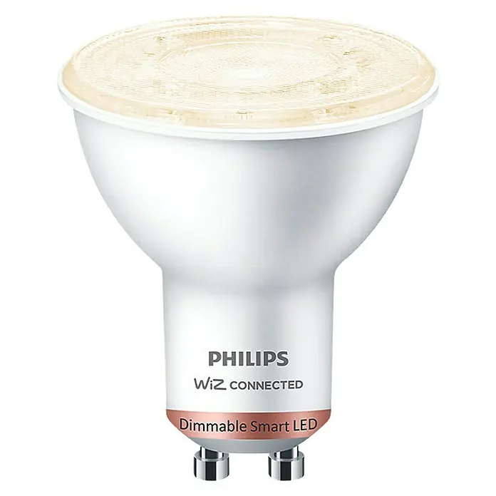 Philips Wiz Bombilla LED Regulable GU10 - GU10, No regulable, Blanco cálido, 345 lm, 4,8 W - Primer plano de una bombilla LED inteligente regulable Philips WiZ Connected, que muestra tecnología de iluminación avanzada.
