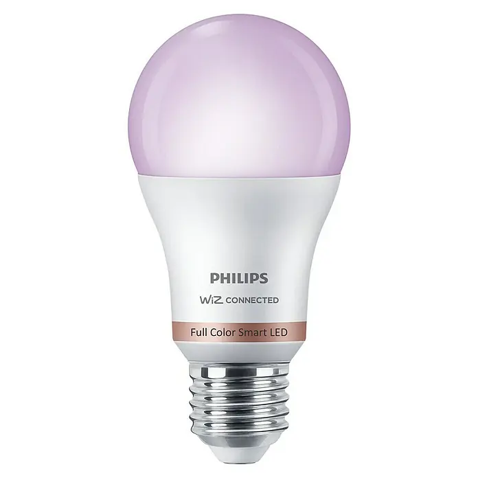 Philips Wiz Bombilla LED inteligente Regulable colores A60 - E27, Intensidad regulable, RGBW, 806 lm, 9 W - Primer plano de una bombilla LED inteligente Philips Wiz Connected Full Color que emite una luz rosa sobre un fondo negro.