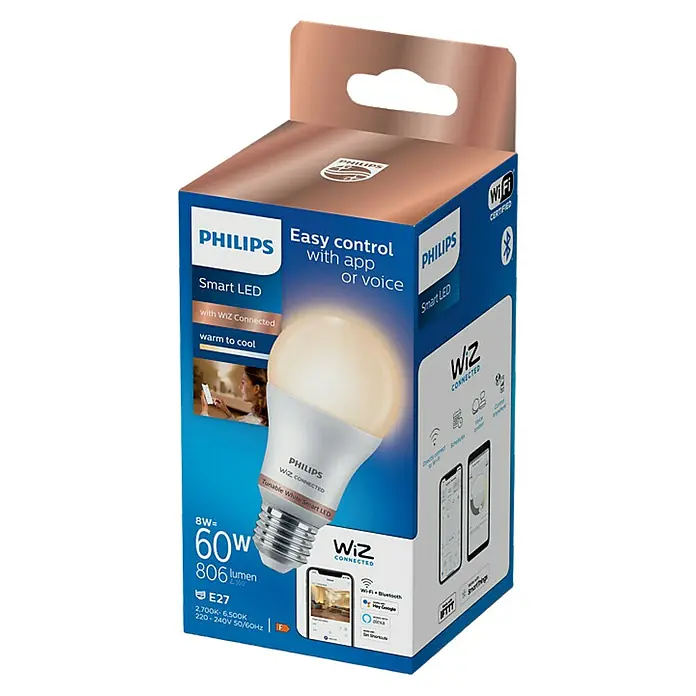 Philips Wiz Bombilla LED Regulable A60 - E27, Intensidad regulable, Blanco neutro, 806 lm, 8 W - Bombilla Philips Smart LED con WiZ conectada en su embalaje. Ofrece luz blanca cálida a fría y control fácil por app o voz.