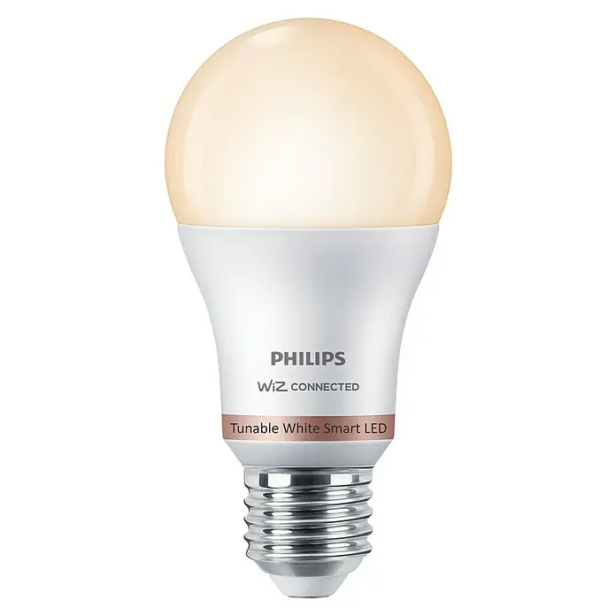 Philips Wiz Bombilla LED Regulable A60 - E27, Intensidad regulable, Blanco neutro, 806 lm, 8 W - Primer plano de una bombilla LED Philips WiZ Connected con blanco sintonizable, que permite controlar el brillo y la temperatura del color.