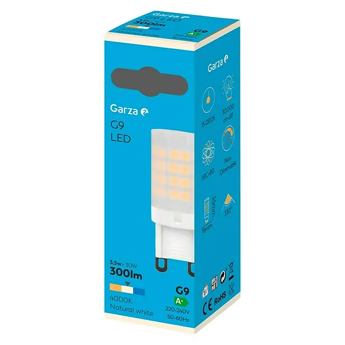 Garza Bombilla LED G9 - G9, No regulable, Blanco frío, 300 lm, 3,5 W - Paquete de una lámpara LED G9 Garza, 3.5W-30W, 300lm, 4000K, blanco natural, no regulable, con especificaciones técnicas.