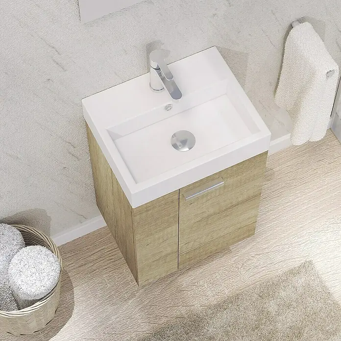 Artysan Conjunto de mueble de baño Mini - Ancho: 45 cm, Nature, Apertura en dos puertas, 3 pzs. - Lavabo moderno con mueble de baño con efecto madera y grifo. El lavabo es blanco y rectangular. También se puede ver una toalla y una alfombra de baño.