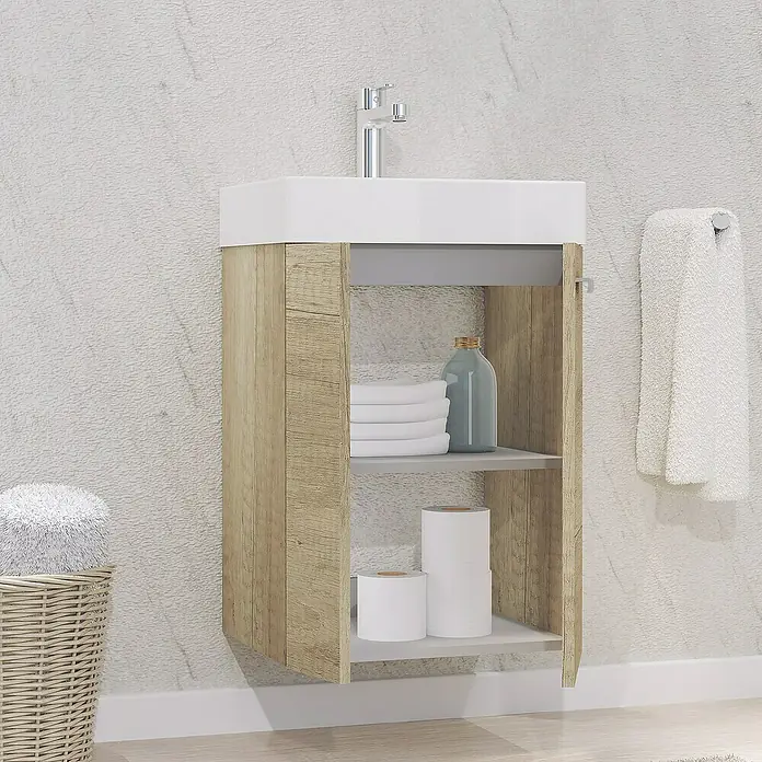 Artysan Conjunto de mueble de baño Mini - Ancho: 45 cm, Nature, Apertura en dos puertas, 3 pzs. - Mueble de baño con lavabo, compartimento de madera abierto, toalla y artículos de baño. El mueble de lavabo ofrece un práctico espacio de almacenamiento.