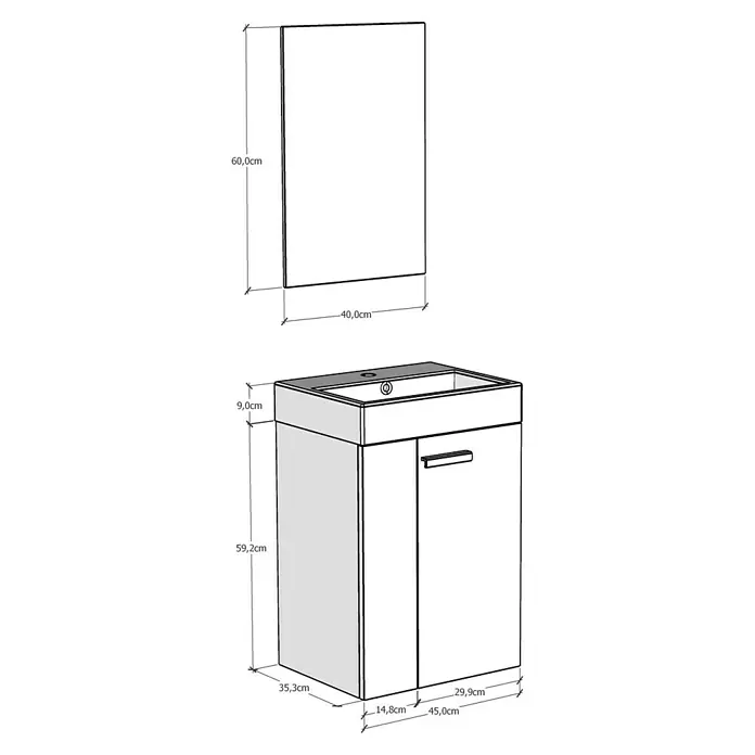 Artysan Conjunto de mueble de baño Mini - Ancho: 45 cm, Nebraska, Apertura en dos puertas, 3 pzs. - Imagen del producto de un mueble de baño con lavabo y un mueble colgante con espejo. Las dimensiones se indican en la imagen.
