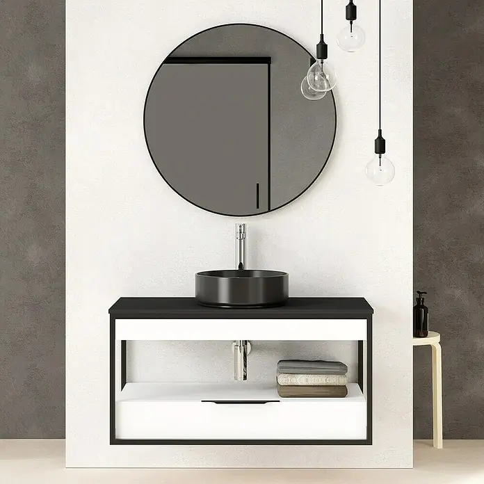 Artysan Conjunto de mueble de baño Izaro - Blanco/Negro, Mate, 3 pzs. - Lavabo de baño moderno con espejo redondo e iluminación elegante. Diseño elegante para tu baño.