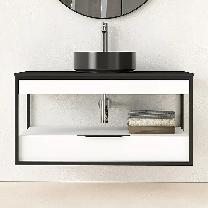 Artysan Conjunto de mueble de baño Izaro - Blanco/Negro, Mate, 3 pzs. - Lavabo de baño moderno con encimera negra, mueble blanco y espejo redondo para un ambiente elegante.