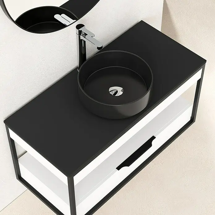 Artysan Conjunto de mueble de baño Izaro - Blanco/Negro, Mate, 3 pzs. - Lavabo negro con un diseño moderno. Sus líneas limpias y la combinación de colores lo convierten en un atractivo en el baño.